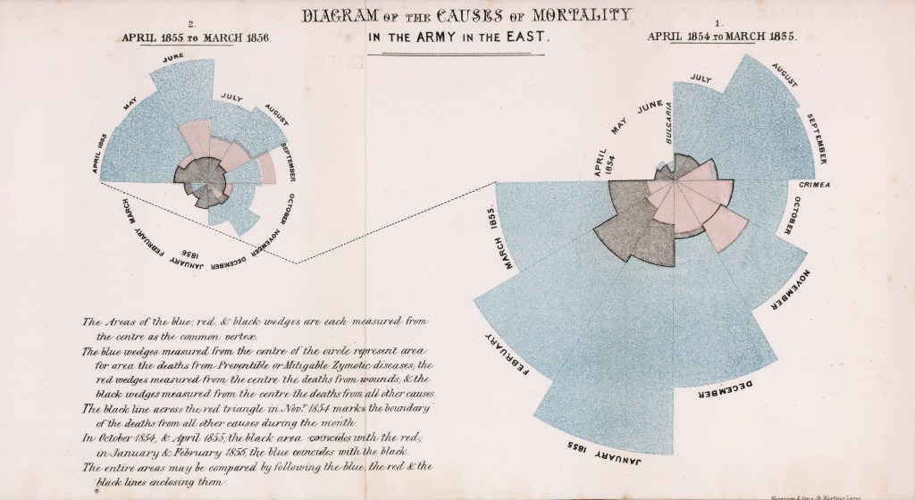 Diagram of the causes of mortality in the army in the East. Florence Nightingale, Public domain, via Wikimedia Commons.