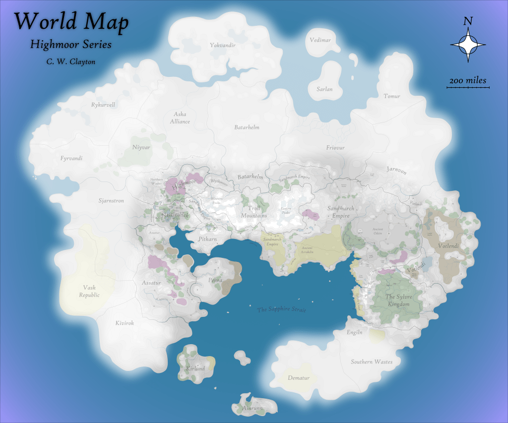 Map of world from Highmoor fantasy series by C. W. Clayton.