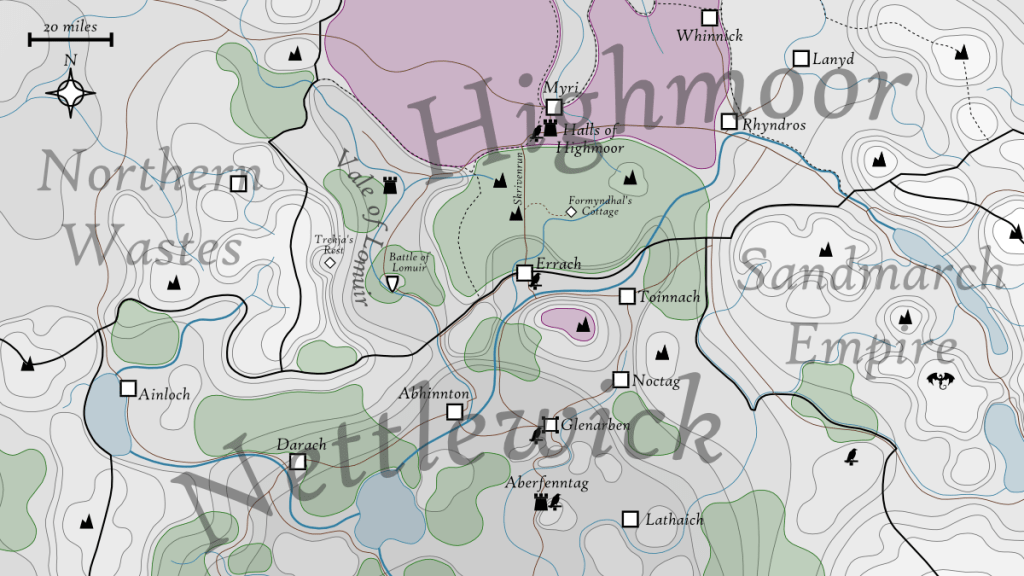 Fictional map for the fantasy novel Highmoor by C. W. Clayton