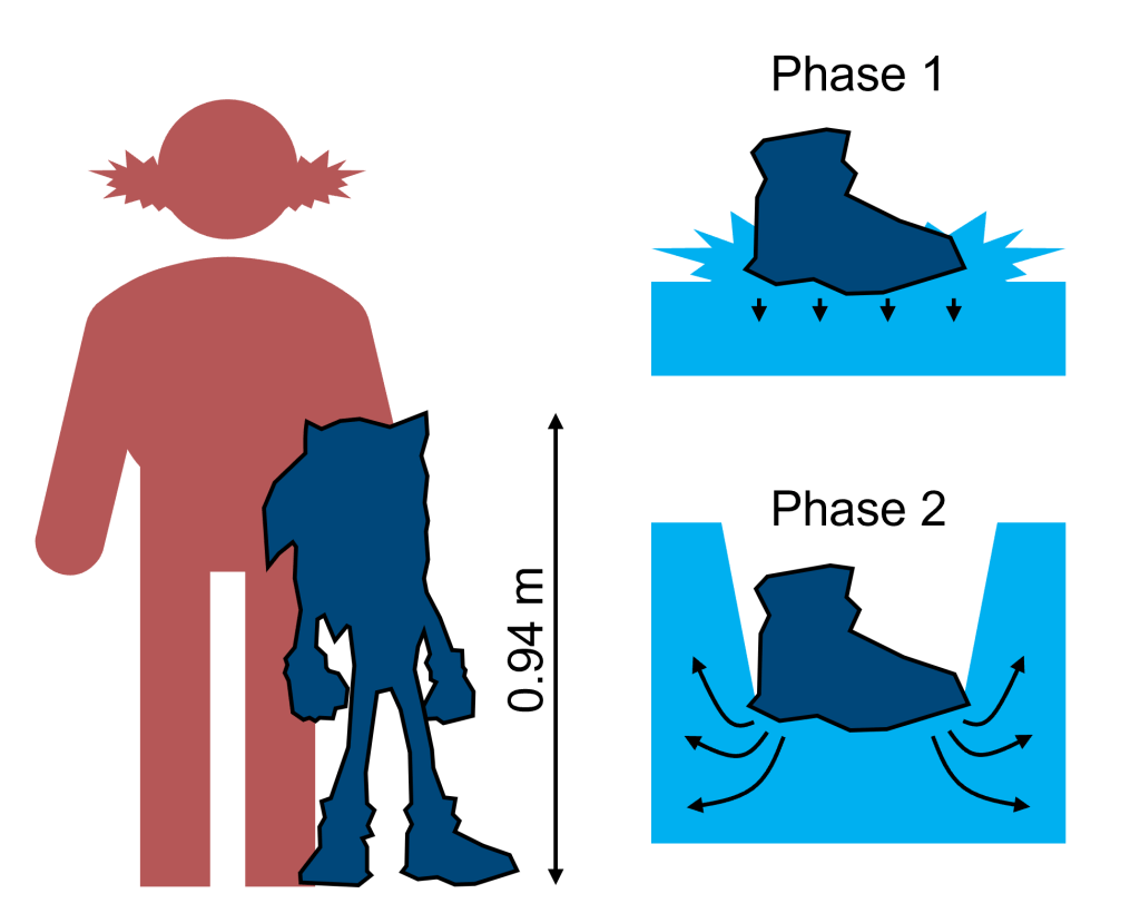 Diagram of Sonic's height and dimensions, and a schematic representation of his foot making contact with water.