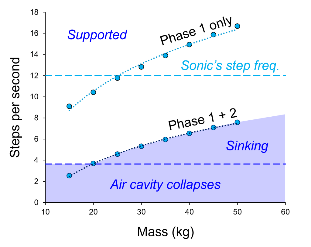 Graph of step frequency required for Sonic to remain supported when running over water.