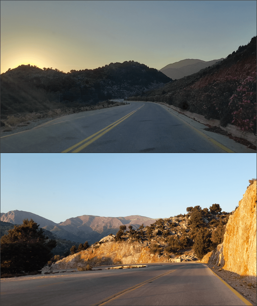 The drive up to Omalos and Xyloscalo, Crete, at sunrise.