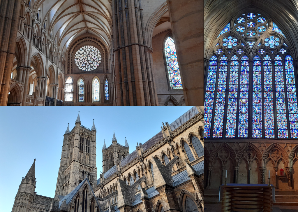 Photos of Lincoln Cathedral, UK: arched ceiling, stained glass window, exterior.
