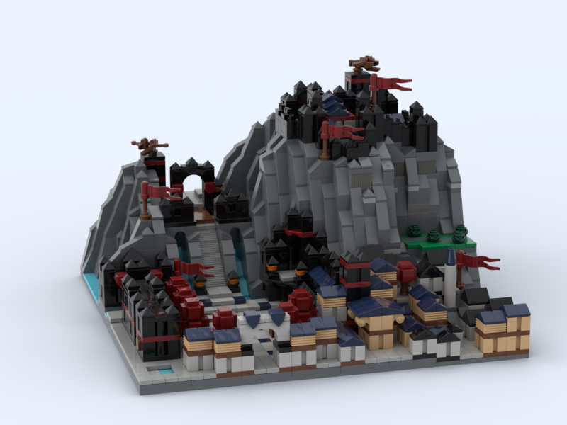 Lego model of Aberfenntag, a city from the Highmoor fantasy series by C. W. Clayton.
