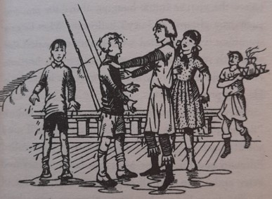 Illustration by Pauline Baynes from The Voyage of the Dawn Treader by C. S. Lewis: Caspian invites the children on board