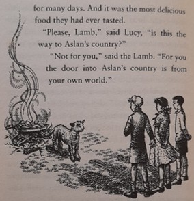 Illustration by Pauline Baynes from The Voyage of the Dawn Treader by C. S. Lewis: Aslan greets the children as a lamb