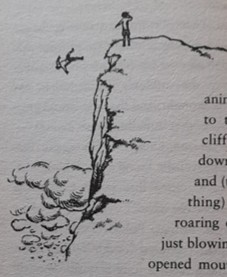 Illustration from The Silver Chair (1953) by C. S. Lewis, illustrated by Pauline Baynes: Eustace falls off a cliff.