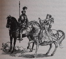 Illustration from The Silver Chair (1953) by C. S. Lewis, illustrated by Pauline Baynes: The Lady and the Black Knight.
