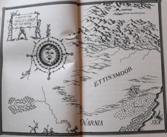 Illustration from The Silver Chair (1953) by C. S. Lewis, illustrated by Pauline Baynes: The map.