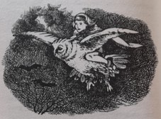 Illustration from The Silver Chair (1953) by C. S. Lewis, illustrated by Pauline Baynes: Jill flies on an owl.