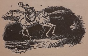 Illustration by Pauline Baynes from The Horse and His Boy (1954) by C. S. Lewis: the horses are chased by a lion.