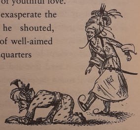 Illustration by Pauline Baynes from The Horse and His Boy (1954) by C. S. Lewis: Prince Rabadash kicking the Grand Vizier.