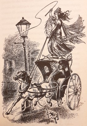 Illustration by Pauline Baynes from The Magician's Nephew (1955) by C. S. Lewis: Jadis in London.